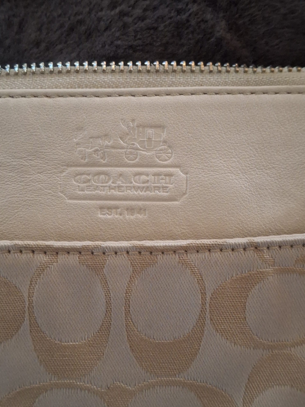 Coach Signature Jacquard and Leather Zip Wallet in Beige
